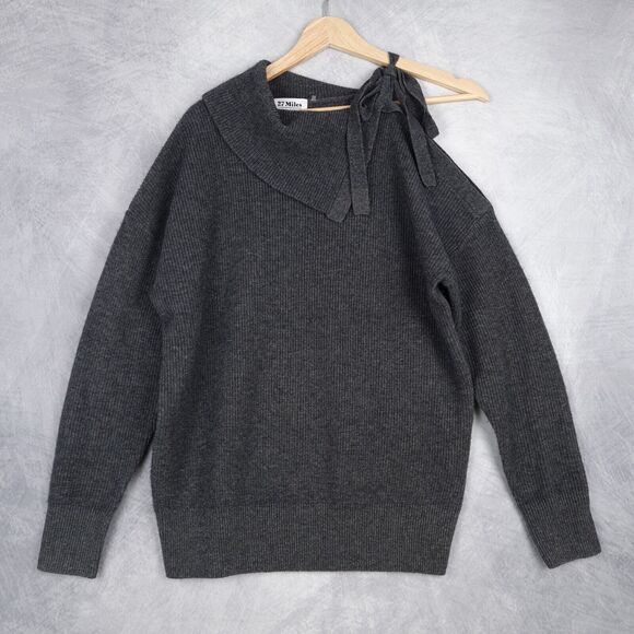 27 Miles Sweater Womens XS Gray Wool Cashmere Ribbed Knit Tie Open Shoulder - Picture 1 of 16